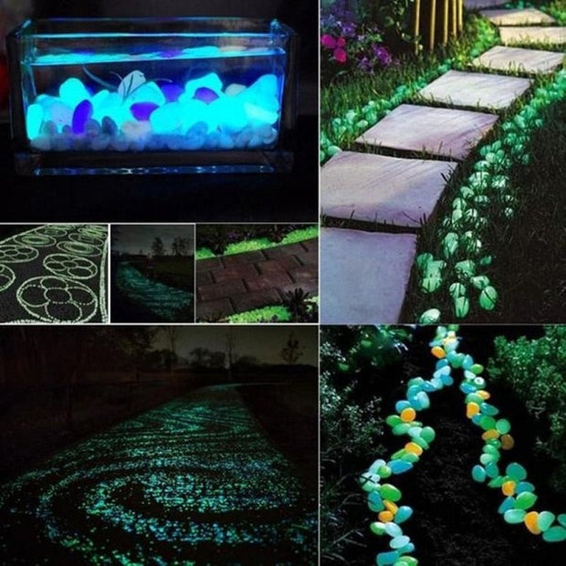 Glow in the Dark Garden Pebbles illuminating outdoor spaces with a soft, radiant glow. Perfect for decorative use in gardens, pathways, and water features.