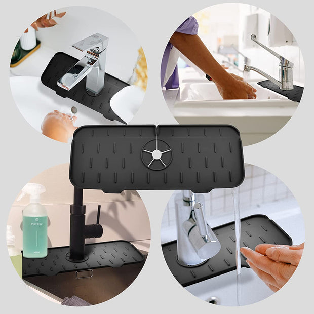 Silicone kitchen faucet mat placed around a sink faucet to prevent water splashes and keep the countertop dry