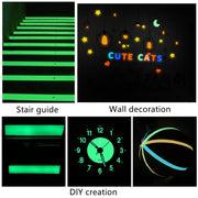 Glow in the dark sticker tape roll glowing in low light, used for home decor, stairs, and DIY crafts.

