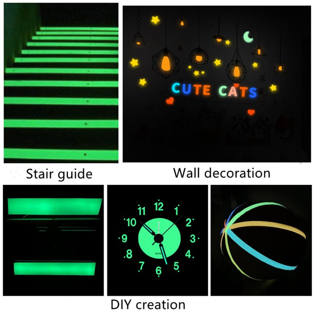Glow in the dark sticker tape roll glowing in low light, used for home decor, stairs, and DIY crafts.

