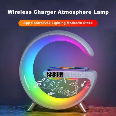3-in-1 ampulla bedside lamp with Bluetooth speaker and wireless charger, ideal for nightstands and home offices.

