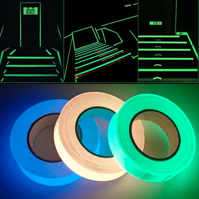 Glow in the dark sticker tape roll glowing in low light, used for home decor, stairs, and DIY crafts.

