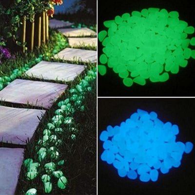 Glow in the Dark Garden Pebbles illuminating outdoor spaces with a soft, radiant glow. Perfect for decorative use in gardens, pathways, and water features.