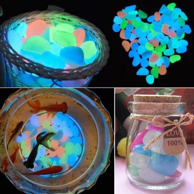 Glow in the Dark Garden Pebbles illuminating outdoor spaces with a soft, radiant glow. Perfect for decorative use in gardens, pathways, and water features.