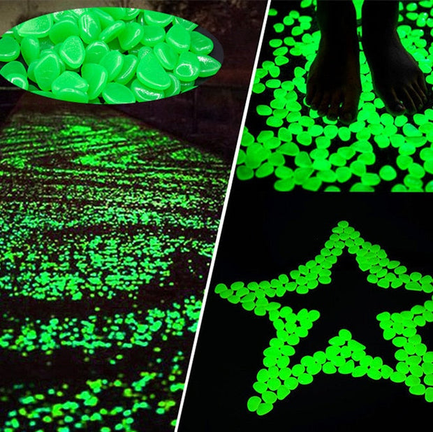 Glow in the Dark Garden Pebbles illuminating outdoor spaces with a soft, radiant glow. Perfect for decorative use in gardens, pathways, and water features.