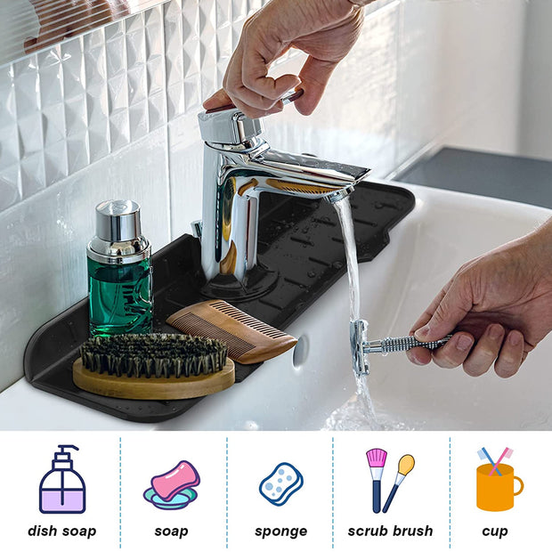 Silicone kitchen faucet mat placed around a sink faucet to prevent water splashes and keep the countertop dry