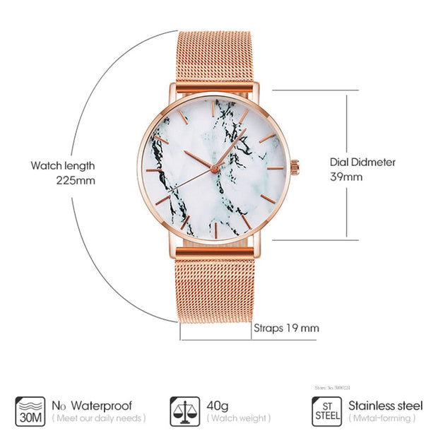 GFashion RosFashion Rose Gold Mesh Band Creative Marble Female Wrist Watch Luxury Women Quartz Watches Gifts Relogio Feminino Drop Shippinge Gold Mesh Band Creative Marble Women’s Quartz Wrist Watch, a luxurious and elegant accessory with a unique marble dial for women.