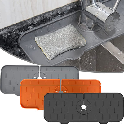 Silicone kitchen faucet mat placed around a sink faucet to prevent water splashes and keep the countertop dry