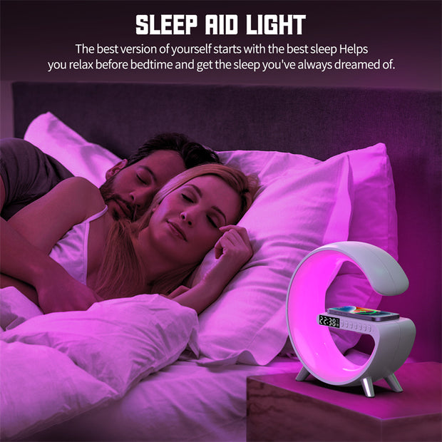 3-in-1 ampulla bedside lamp with Bluetooth speaker and wireless charger, ideal for nightstands and home offices.

