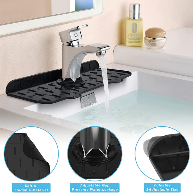 Silicone kitchen faucet mat placed around a sink faucet to prevent water splashes and keep the countertop dry