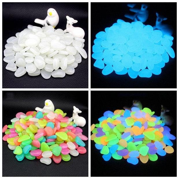 Glow in the Dark Garden Pebbles illuminating outdoor spaces with a soft, radiant glow. Perfect for decorative use in gardens, pathways, and water features.